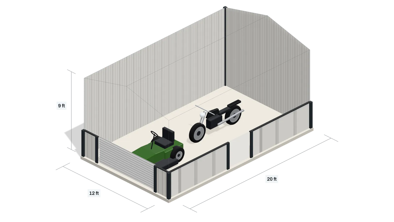 A 12 × 20 ft metal building with 9 ft walls, cut open to show a riding mower and a motorcycle parked inside.