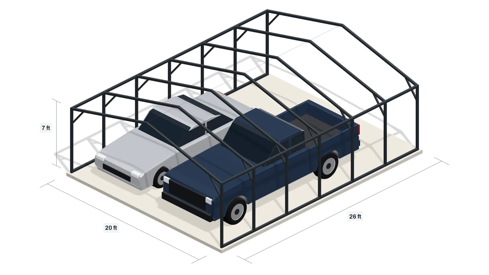 A 20 × 26 ft metal carport with 7 ft legs and a pickup and a car parked under it.
