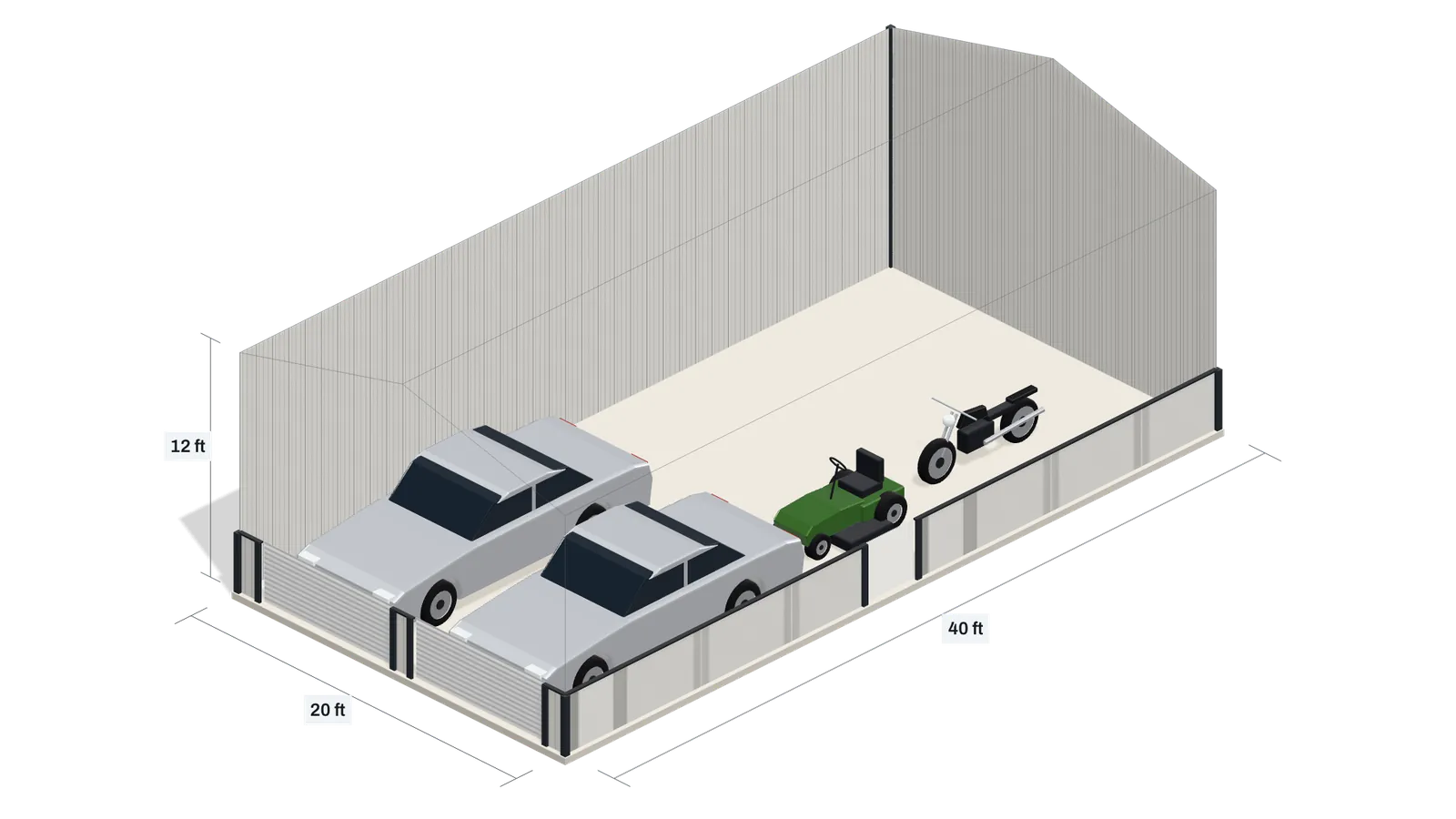 A 20 × 40 ft metal building with 12 ft walls, cut open to show two cars, a riding mower and a motorcycle parked inside.