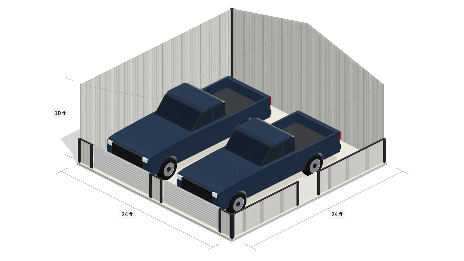 A 24 × 24 ft metal building with 10 ft walls, cut open to show two pickups parked inside.