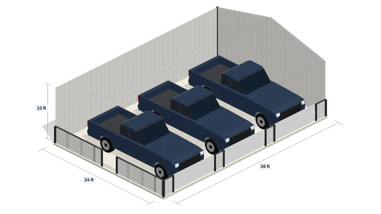 A 24 × 36 ft metal building with 10 ft walls, cut open to show three pickups parked inside.