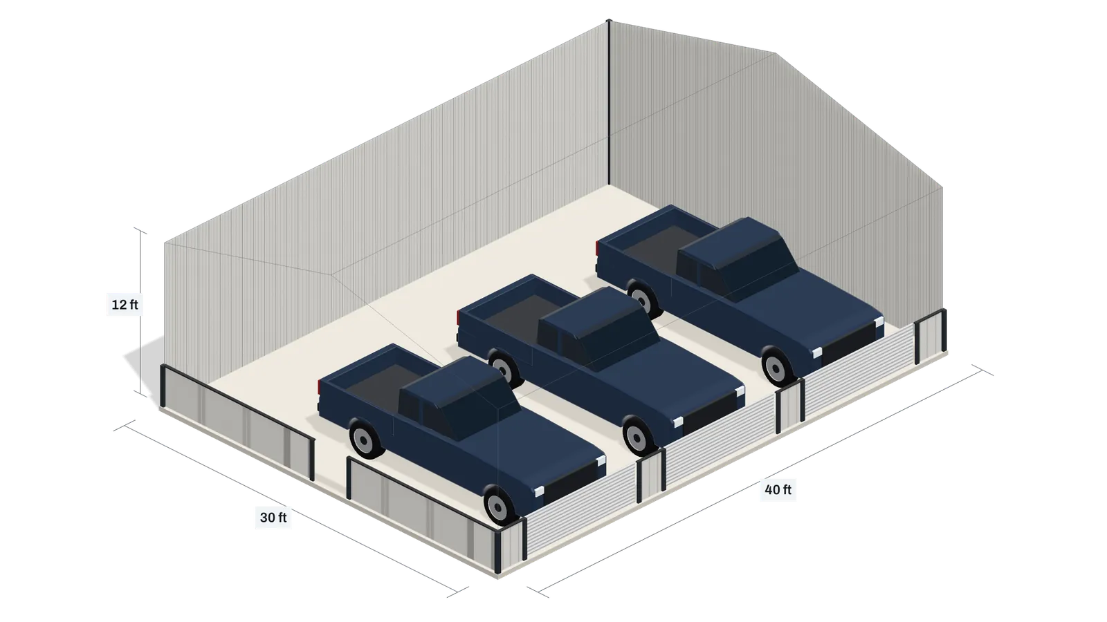 A 30 × 40 ft metal building with 12 ft walls, cut open to show three pickups parked inside.