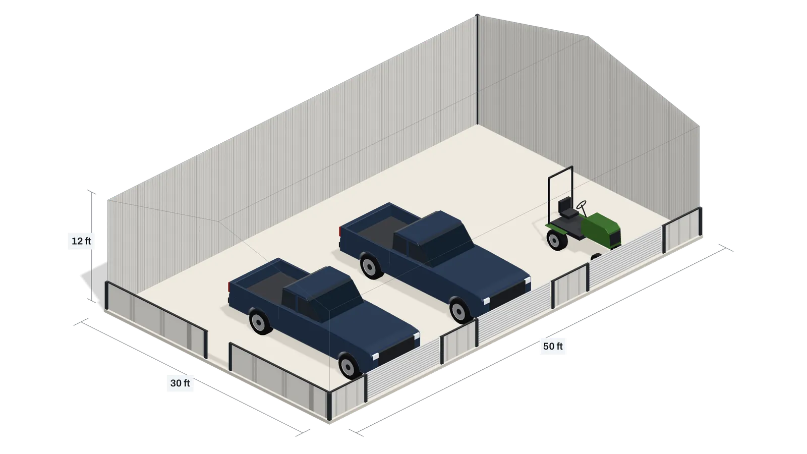 A 30 × 50 ft metal building with 12 ft walls, cut open to show two pickups and a tractor parked inside.