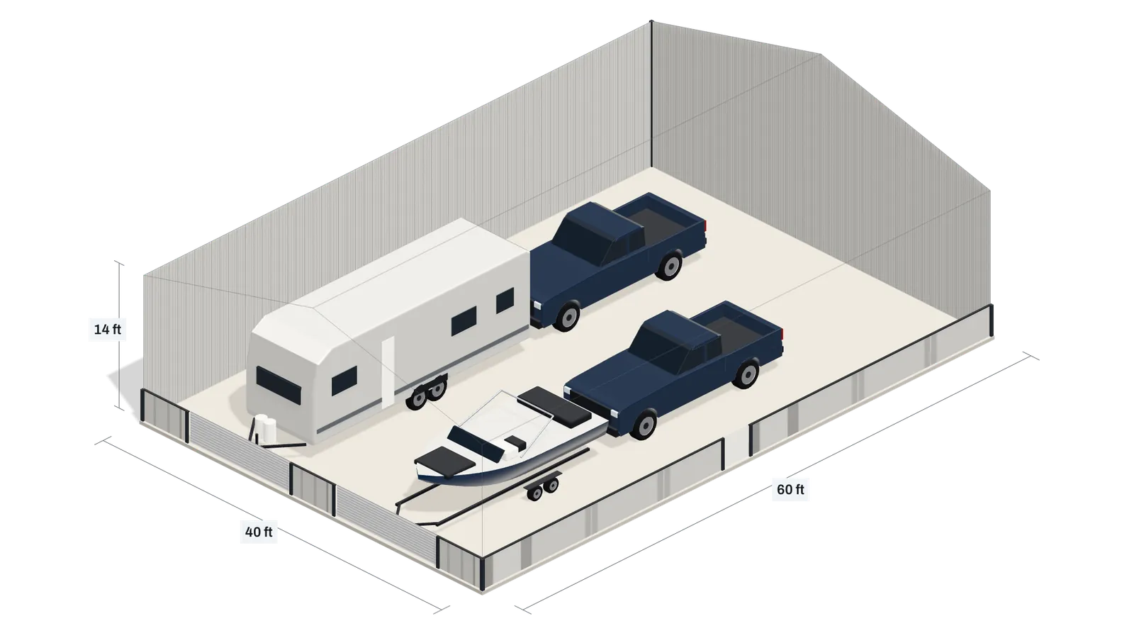 A 40 × 60 ft metal building with 14 ft walls, cut open to show two pickups, a boat and a travel trailer parked inside.