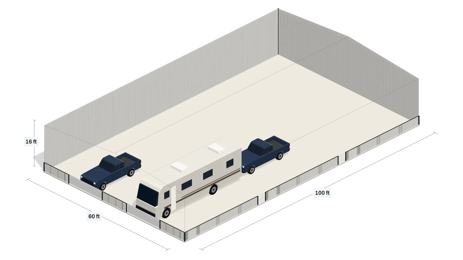 A 60 × 100 ft metal building with 16 ft walls, cut open to show two pickups and an RV parked inside.